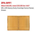 6ft x 4ft Heavy Duty Overlap Fence Panel, Green Treated (1830mm x 1220mm)